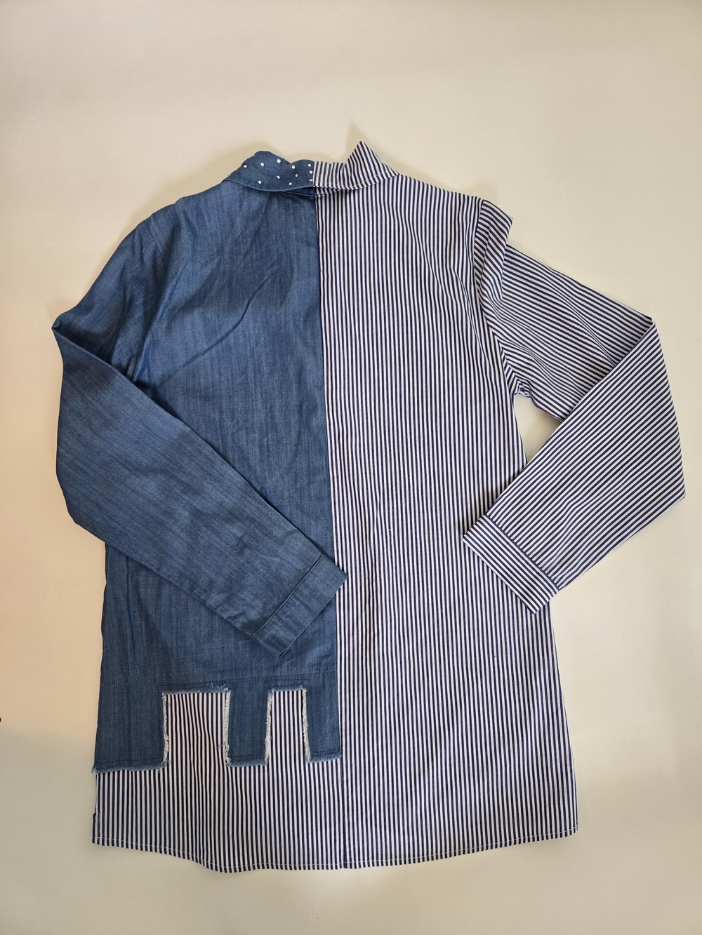 NWOT OZANI N KU Two-Tone Blue Striped & Chambray Button-Down Shirt Womens Size S - Picture 7 of 13